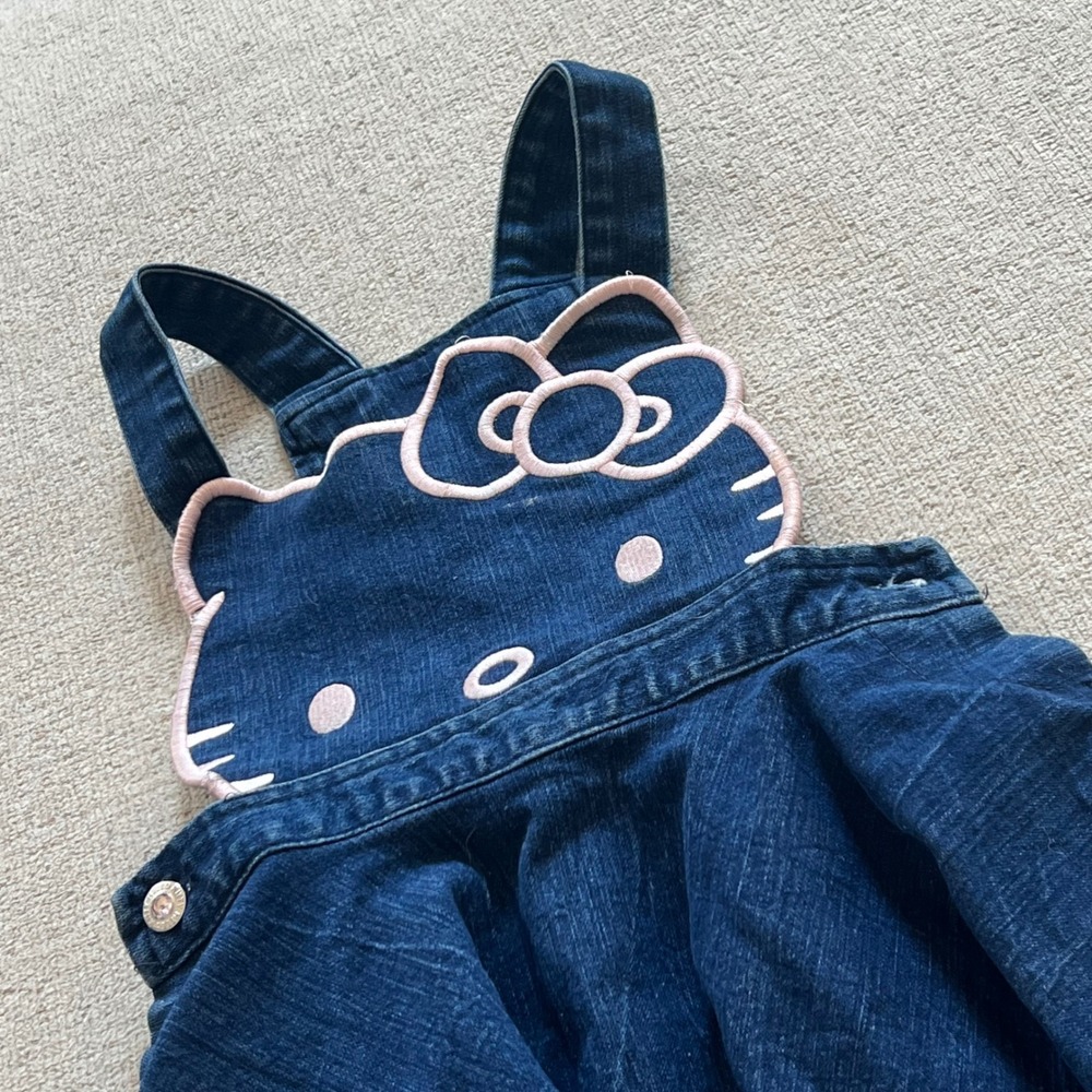 Sanrio Hello Kitty Denim Pinafore Dress Dark Wash Embroidered Circle Skirt Sz 5